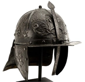 Fantastic Museum Quality 17th C. Polish Hussar Senior Officer's Lobster-Tail Helmet with Incredible