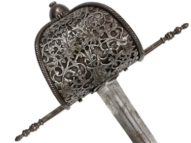 Fine Quality Large Italian or Spanish MAIN GAUCHE Left Hand Dagger with Elaborate Chiseled Steel
