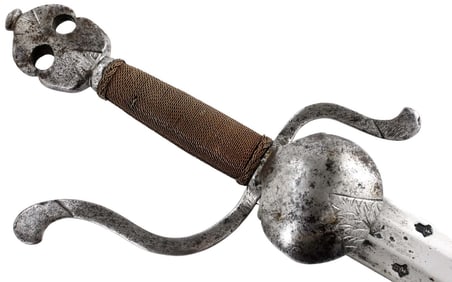 Rare 16th C. Italian Broad Sword with Well Marked Broad Double-edged Blade and Chiseled Steel Mounts