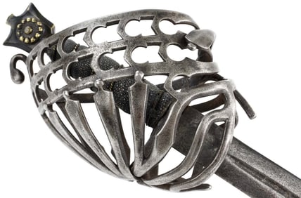 Very Fine 17th C. Italian SCHIAVONA Rapier Sword with Distinctive Basket Hilt & Inscribed Blade.