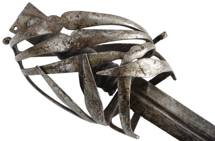 Rare 17th C. Italian SCHIAVONA Rapier Sword with Distinctive Basket Hilt & Inscribed Blade.