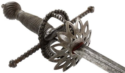 Very Nice Italian or French Dish-hilt Rapier with Chiseled Steel Mounts and Open Work Dish Guard.