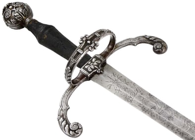 Fantastic French Italian or Hungarian Large Rapier Broad Sword with Fine Chiseled Steel Hilt &