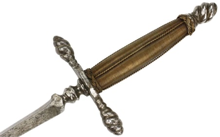 Very Good 17th C. Italian STILETTO Dagger with Chiseled Steel Mounts, Fine Braid Copper Wire Grip &