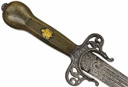 Exhibition Quality 19th C. French Nobleman's Hunting Sword with Gold Family Crest to Horn Grip.