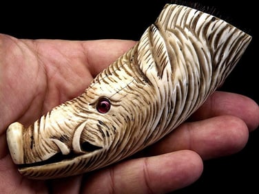 Lovely Antique German Aristocrat Hunter Carved Boar Tusk Fountain Pen Tip Cleaning Brush in a Wild