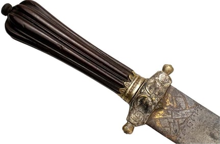 Rare 17th-18th C. English or German Hunting Sword with Gold Inlaid Engraved Blade, Fine Carved Grip