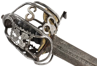 Rare 17th C. Scottish Basket Hilt Broad Sword with SILVER ''S'' Clan Symbols to the Pierced Iron