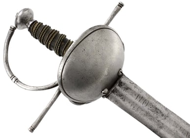 Large and Good 17th-18th C. Spanish Colonial Cup-hilt Rapier Broad Sword with Latin Motto Inscribed