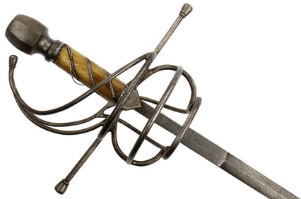 Nice Italian Spanish or French Swept-hilt Rapier Sword with Carved Bone & Silver Wire Grip.