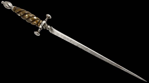 Good 17th-18th C. Italian or French Gunners Stiletto Dagger. Lovely Inlaid Carved Horn Grip.