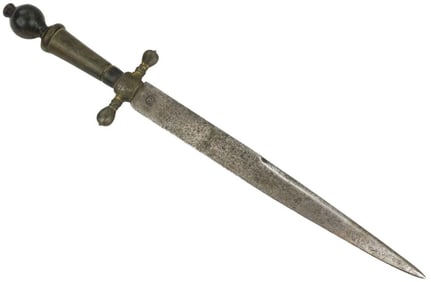 Fine 17th C. French Left Hand Dagger with Engraved Gilt Mounts and Lovely Horn Grip, Strong Blade