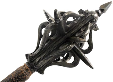 Vicious Antique Iron German or Hungarian Battle Mace with Spiked and Flanged Head.