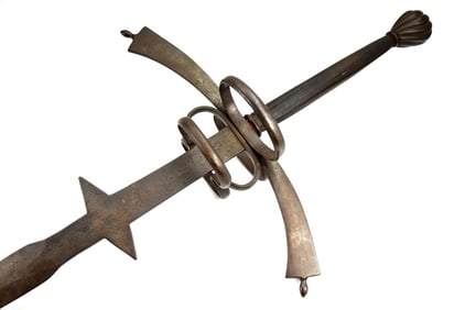 Massive Antique German Knight's Two-handed Sword in 16th Century Style. Strong steel guard of
