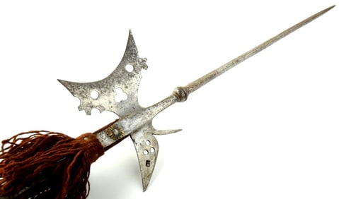 Rare 16th-17th C. German or Swiss HALBERD Polearm, Ax Form Head with Struck Maker's Mark. Full