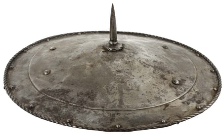 Very Rare 16th-17th C. Steel Knights Shield with Large Thrusting Spike and Original Leather & Fabric