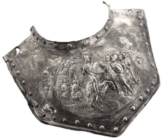 FABULOUS Antique Silver Coated Copper Large GORGET Neck Armor with Elaborate Repousse Scene of Roman