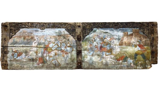 Fascinating 16th-17th C. Spanish or Italian Carved Wood Panel Board with Original Paintings of