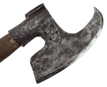 IMPRESSIVE MEDIEVAL GOTHIC GERMAN OR ENGLISH BATTLE OR EXECUTIONER AXE, MAKER MARKED. VERY STRONG WE