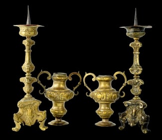 Rare Italian BAROQUE Altar Set with Pricket Candlesticks Candle Sticks Ca. 1675-1700.