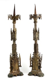 Pair Antique Bronze Church Gothic Revival Candlesticks