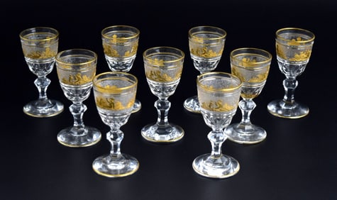 9 Val St Lambert Danse de Flore Gold Crystal Glass Water/Wine Goblets