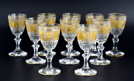 10 Val St Lambert Danse de Flore Gold Crystal Glass Water/Wine Goblets