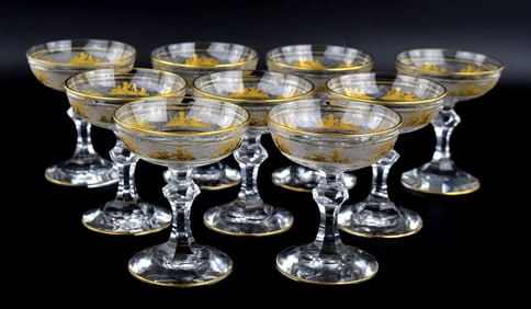 9 Val St Lambert Danse de Flore Gold Crystal Glass Champagne Saucers Goblets