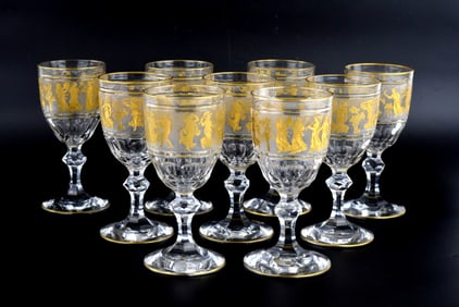 9 Val St Lambert Danse de Flore Gold Crystal Glass Water/Wine Goblets