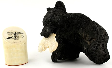 Group Arctic Eskimo Ossified Bone Bear and Signed Scrimshaw Paperweight .