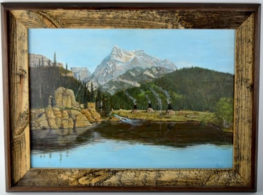 American School Oil Painting Native American Indians Camp