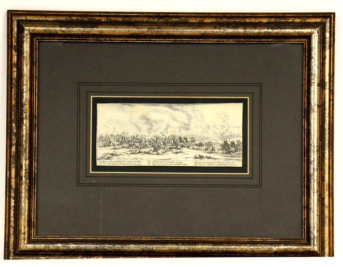 French Jacques Callot The Large Miseries of War The Battle Etching: The Battle, from the series The Miseries and Misfortunes of War by artist/maker Jacques Callot (French, 1592-1635). Publisher Israel Henriet French 1633. Size: 16 1/4" x 12 3/4" Framed; 7 1/4" x 3 1/8