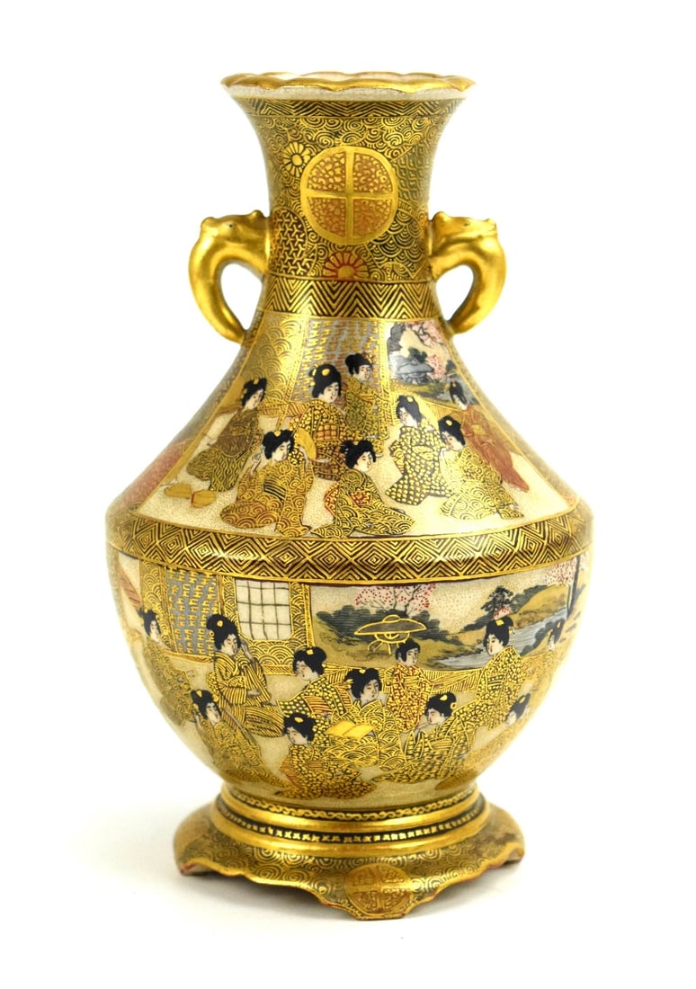 Antique Meiji Period Japanese Satsuma Pottery Vase Shimazu Family Crest: A Satsuma earthenware vase Meiji period, the tapering body painted with figure geisha scenes on one side and monks on another, reserved on a gilt decorated ground, the base signed Gyokuzan (?) with Sh