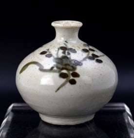 19th C. Korean Ceramic oil vessel with plum blossom painted with copper (red) or iron