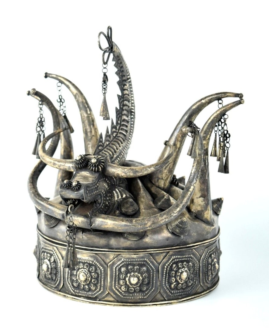 Chinese Miao Silver Metal Ceremonial Headdress: Headdress from the Miao tribe, Yunnan, China. White metal. Early- middle 20th century. The Miao are a group of linguistically related peoples living in Southern China and Mainland Southeast Asia, who