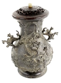 Antique Chinese Bronze Dragon Relief Incense Burner