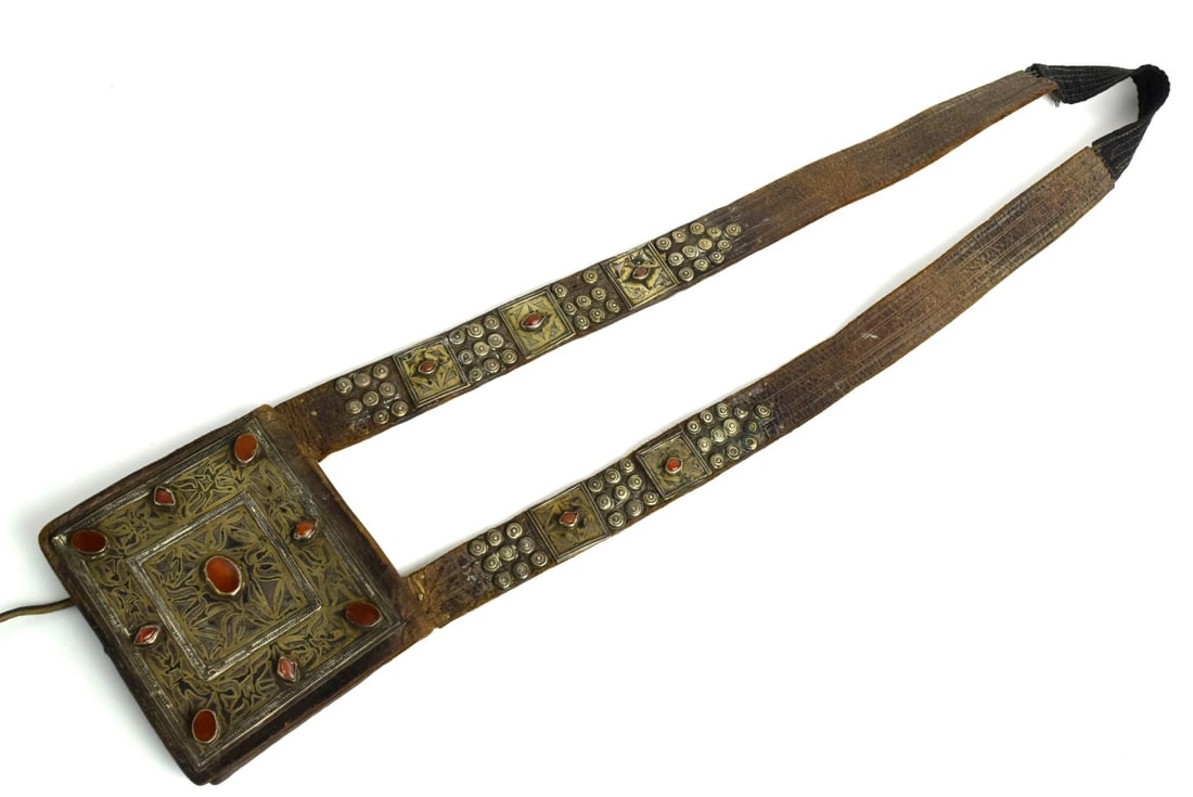 Antique 19th C Chinese Tibetan leather pouch bag: Museum Quality Antique 19th C. Chinese Tibetan leather pouch/ bag decorated with silver and carnelian stones. The rectangular brown leather pouch is exceptionally well made by a skilled silversmith. I