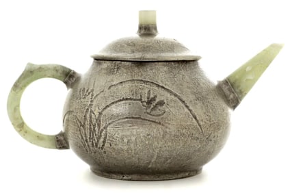 Antique Chinese Pewter Teapot With Mutton Fat Jade Handle Finial And Spout