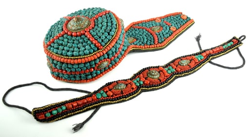 Handmade Turquoise and Coral Tibetan Ceremonial Old Headdress And Belt