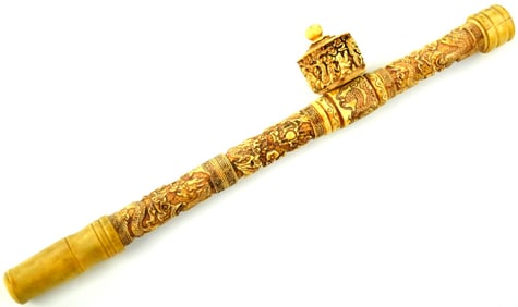 Very Nice Antique Chinese Ox Bone Carved Smoking Pipe with dragons