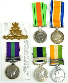 Lot of five Sterling Silver British Medals and badge including compaign to KSA