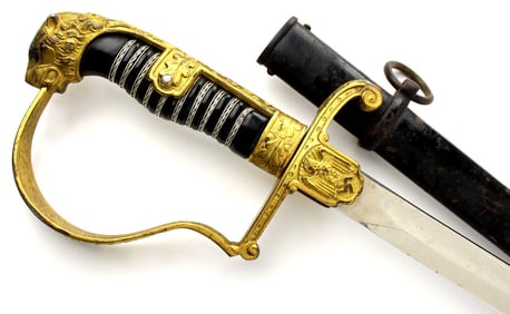 Very Good German WW II Officer's Sword in Gold Gilt Mounts with Ruby Eyes Puma Head Pommel. Carl
