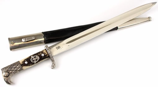 Very Good WW II German Police Officer's Long Bayonet Sword Dagger with Deer Stag Grips. Maker