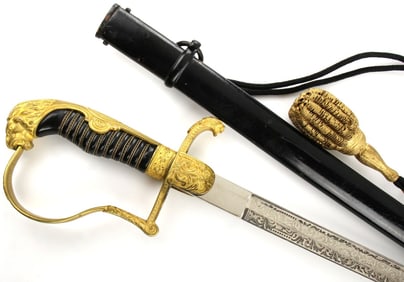 Beautiful Etched & Personalized German WW I - WW II Officer's Sword in Fire Gilt Mounts, Maker