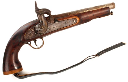 Large English 19th C. Percussion Pistol with Interesting Lock Markings including a Crown, Stock with
