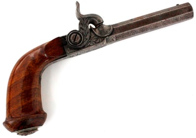 Lovely Quality 19th C. English French or Belgium Small Percussion Muff Pistol with Damascus Steel