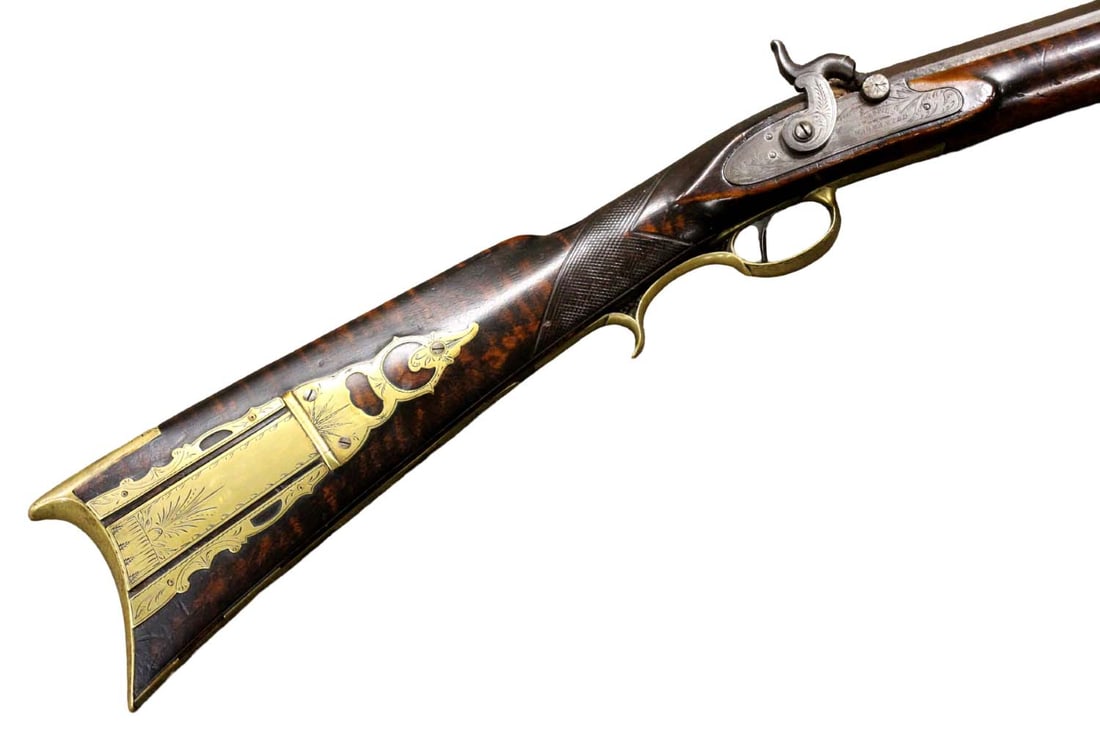 A.W. SPIES WARRANTED PERCUSSION HALF-STOCK KENTUCKY RIFLE: FOR MORE DETAILED PHOTOS, PLEASE VISIT LOT LISTING Handsome half-stock Kentucky rifle with A.W. Spies lock. Long octago