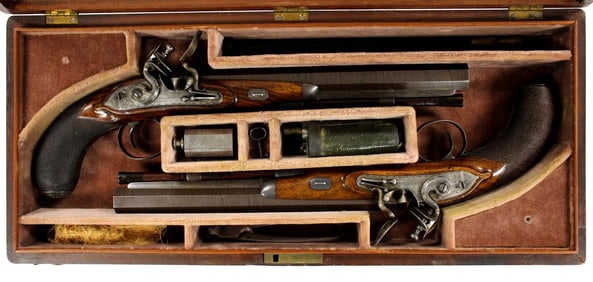 A CASED PAIR OF 40 BORE FLINTLOCK DUELLING PISTOLS, BY FISHER, LONDON, EARLY 19TH CENTURY