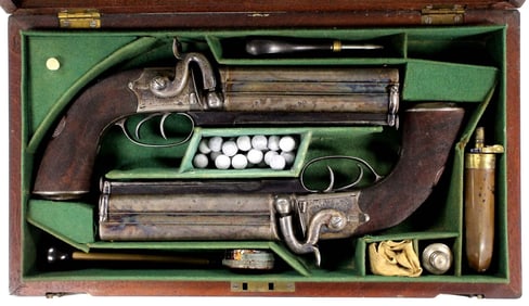 A CASED PAIR OF 40 BORE PERCUSSION OVER-AND-UNDER BOX-LOCK BELT PISTOLS SIGNED W. SQUIRES