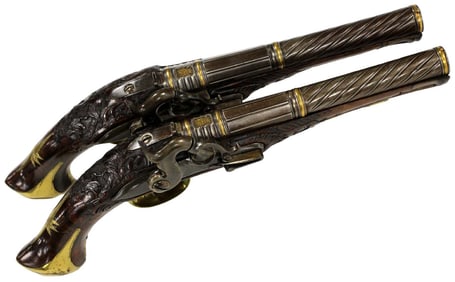 AN UNUSUAL PAIR OF CONTINENTAL 32 BORE PERCUSSION RIFLED COPPER ALLOY-MOUNTED PISTOLS